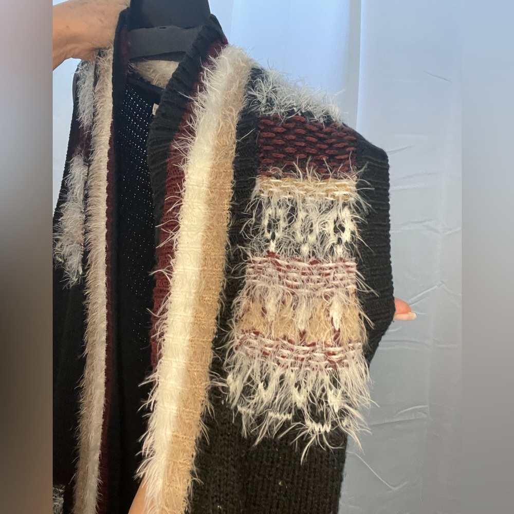 Stylish Long Black Burgundy Tan Ivory Open Cardigan Knit Vest with Fringe
